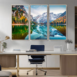 10402-MGV-CV-36X24-Snowy Mountain Lake Wall Art – Autumn Landscape Canvas Print with Reflection, Nature Decor for Living Room, Office, Bedroom or