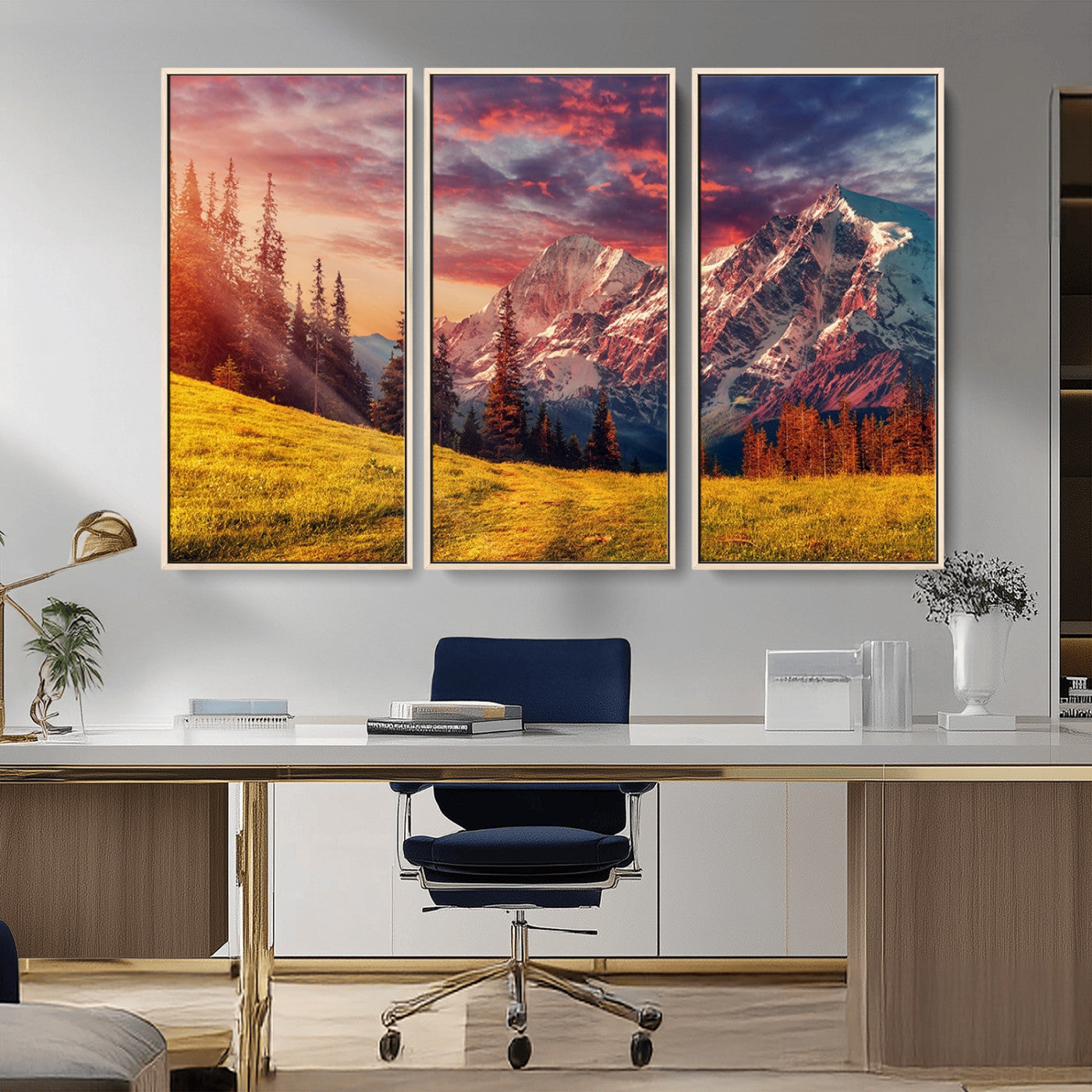 83947-MGV-FC-48X32-3P_Natural-Sunset Mountain Landscape Wall Art – Panoramic Alpine Meadow and Snow Capped Peaks Canvas Print, Nature Scenic Decor for Home,