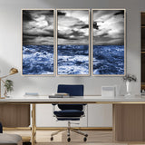36012-MGV-CV-36X24-Dramatic Stormy Ocean Waves Black and White with Deep Blue Highlights – Moody Seascape Wall Art, Nature Photography Print for Home