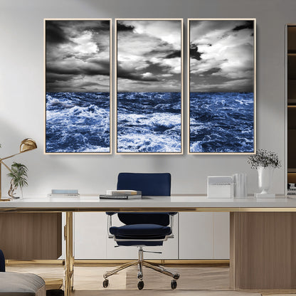 36012-MGV-CV-36X24-Dramatic Stormy Ocean Waves Black and White with Deep Blue Highlights – Moody Seascape Wall Art, Nature Photography Print for Home