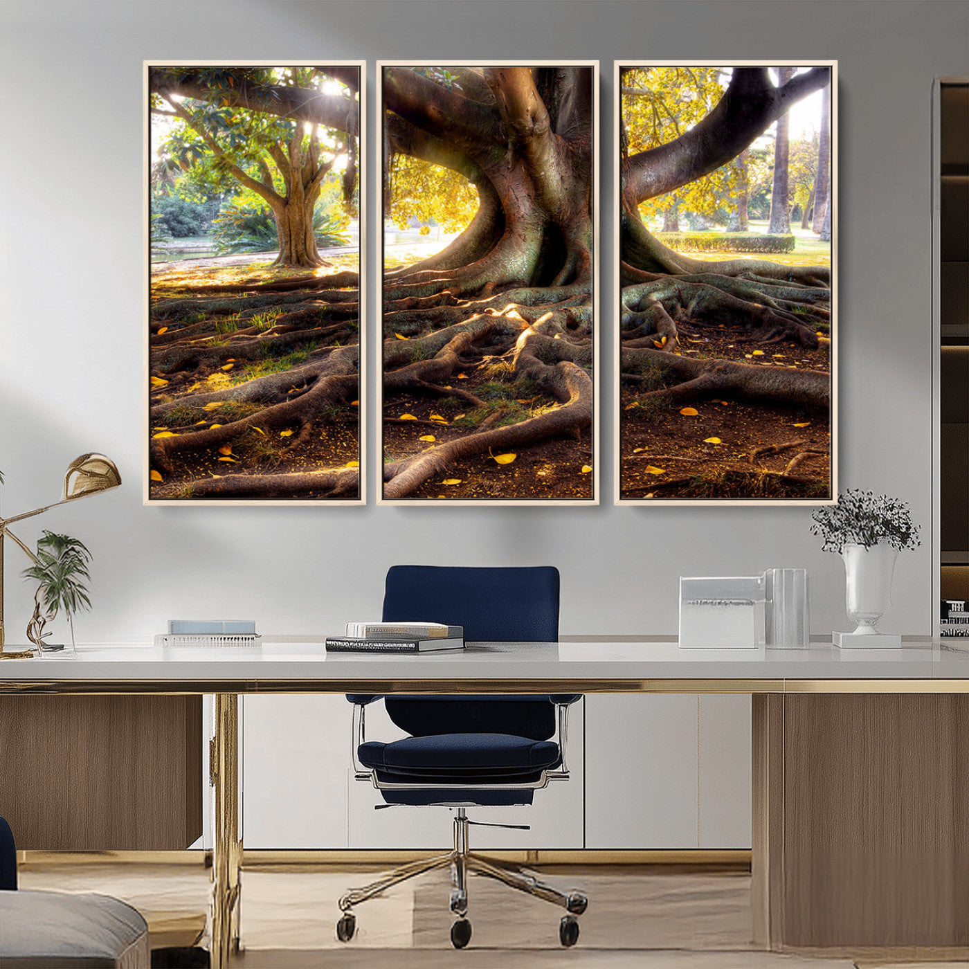 53335-MGV-CV-36X24-Majestic Tree with Sprawling Roots Wall Art – Serene Sunlit Park Scene, Nature Canvas Print, Perfect for Living Room, Office or