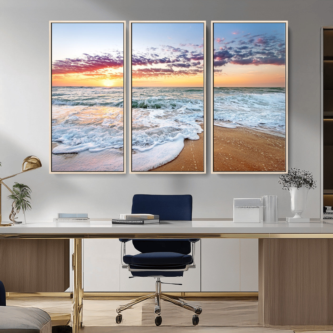 39560-MGV-FC-48X32-3P_Natural-Sunrise Beach Wall Art – Vibrant Ocean Waves and Golden Sand Canvas Print, Seaside Coastal Decor for Living Room, Bedroom or