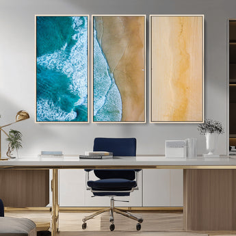 46640-MGV-CV-36X24-Aerial Beach Wall Art – Turquoise Waves and Golden Sand Canvas Print with Lone Surfer, Coastal Ocean Decor for Living Room,