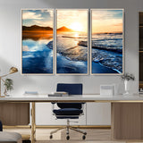 86173-MGV-CV-36X24-Golden Sunset Beach Wall Art – Reflective Ocean Canvas Print with Mountains and Waves, Coastal Nature Decor for Living Room,