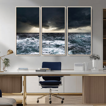 42607-MGV-CV-36X24-Stormy Ocean Wall Art – Dramatic Sea and Sky Canvas Print with Sun Rays, Moody Nature Decor for Living Room, Office, Bedroom or