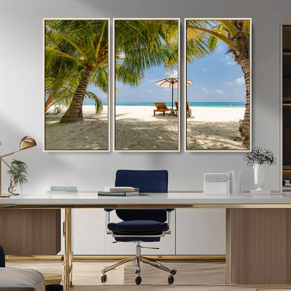 83601-MGV-CV-36X24-Tropical Beach Wall Art – Serene Palm Trees and Lounge Chairs Canvas Print, Relaxing Coastal Decor for Living Room, Bedroom or