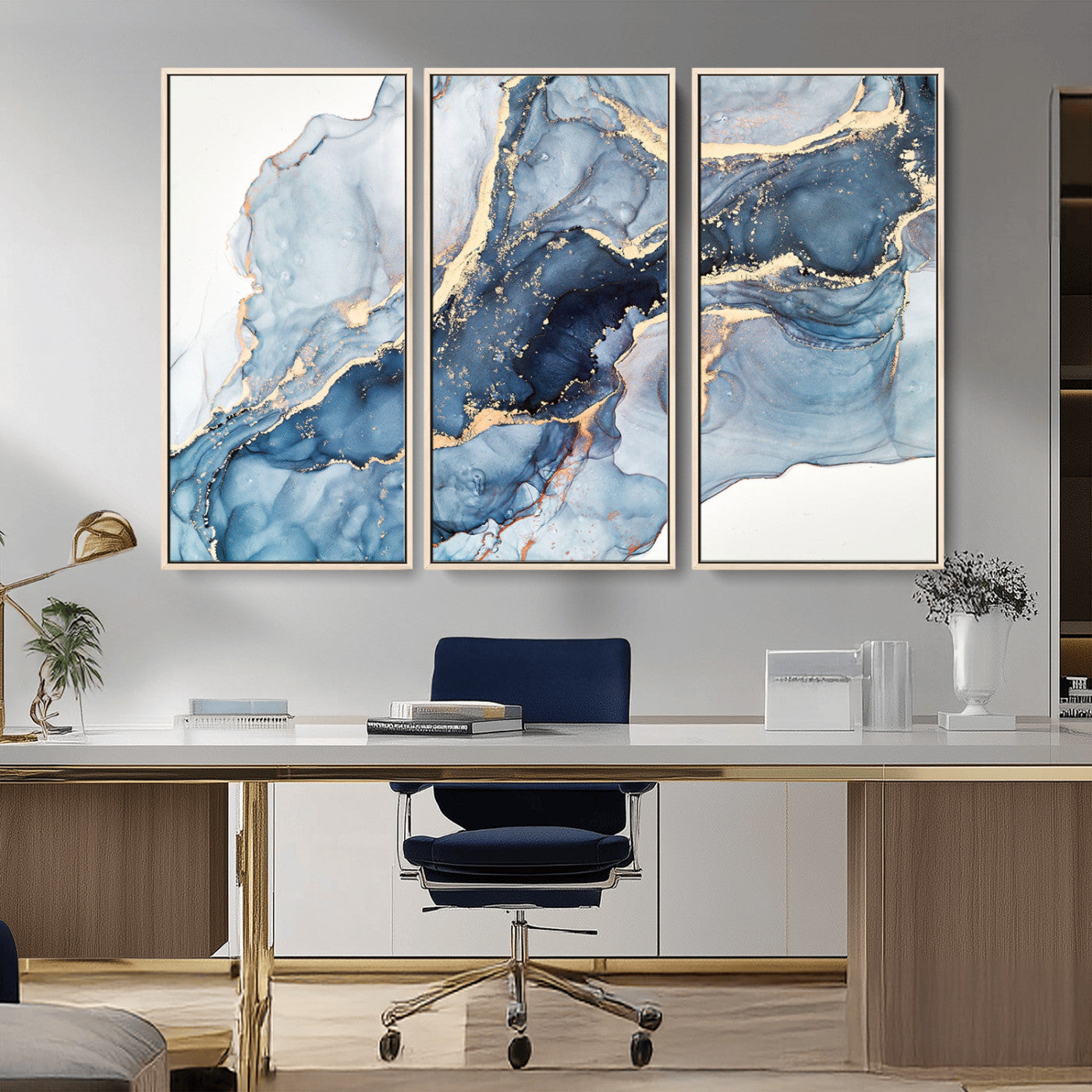 33782-MGV-CV-36X24-Abstract Marble Wall Art – Blue & Gold Fluid Painting Canvas Print, Modern Home Decor for Living Room, Bedroom or Office