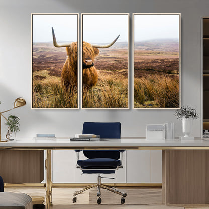 79391-MGV-CV-36X24-Majestic Highland Cow in Misty Scottish Moorland – Rustic Natural Charm, Perfect for Unique Home or Office Decor