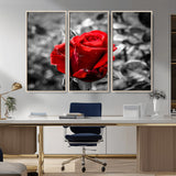 84671-MGV-CV-36X24-Red Rose Wall Art – Vibrant Single Bloom Canvas Print with Black and White Background, Elegant Floral Decor for Living Room,