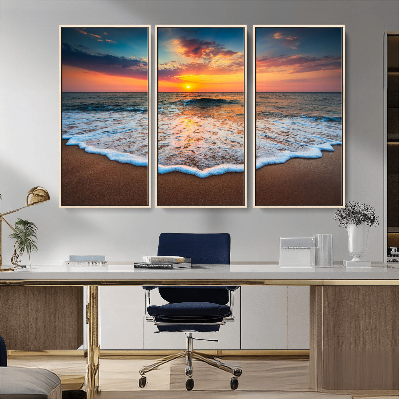 87032-MGV-FC-48X32-3P_Natural-Ocean Sunset Wall Art – Stunning Beach Canvas Print with Vibrant Sky, Calm Waves, and Golden Horizon, Perfect Coastal Decor for