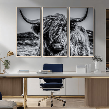 97372-MGV-CV-36X24-Elegant Highland Cow Wall Art – Black and White Canvas Print, Rustic Nature Decor for Home, Office, Living Room or Man Cave