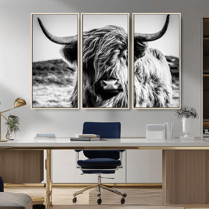 36979-MGV-CV-36X24-Striking black-and-white portrait of a Highland cow with flowing fur and majestic horns, perfect for rustic and elegant home or