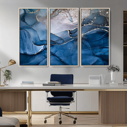 27810-MGV-FC-48X32-3P_Natural-Abstract Blue Gold Fluid Art Wall – Modern Canvas Print, Elegant Home & Office Wall Art, Stylish Living Room or Bedroom Decor