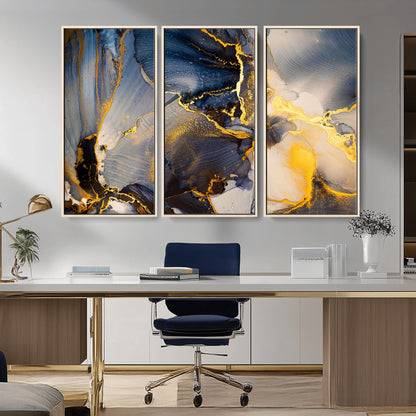 42100-MGV-CV-36X24-Golden Flow Abstract Wall Art – Panoramic Modern Blue and Gold Canvas Print, Contemporary Artistic Decor for Home, Office