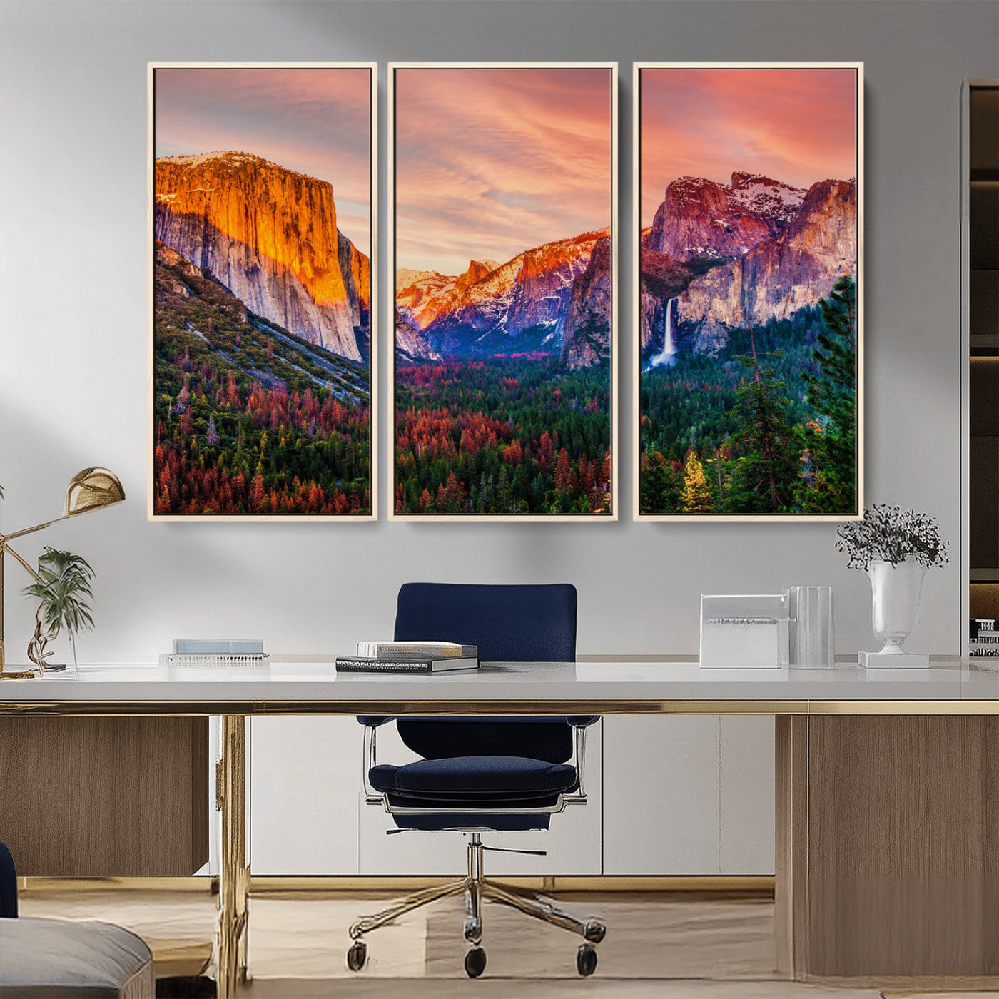 24519-MGV-CV-36X24-Yosemite Valley Sunset Wall Art – Majestic Mountain Landscape with Waterfall and Vibrant Sky, Nature Photography for Home or