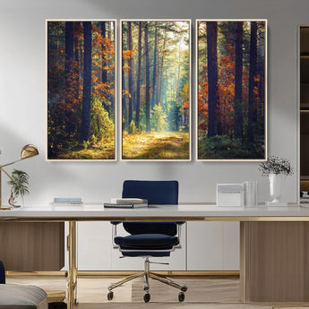 86249-MGV-CV-36X24-Sunlit Autumn Forest Path Wall Art – Peaceful Nature Scene with Fall Foliage, Calming Woods Decor for Home or Office