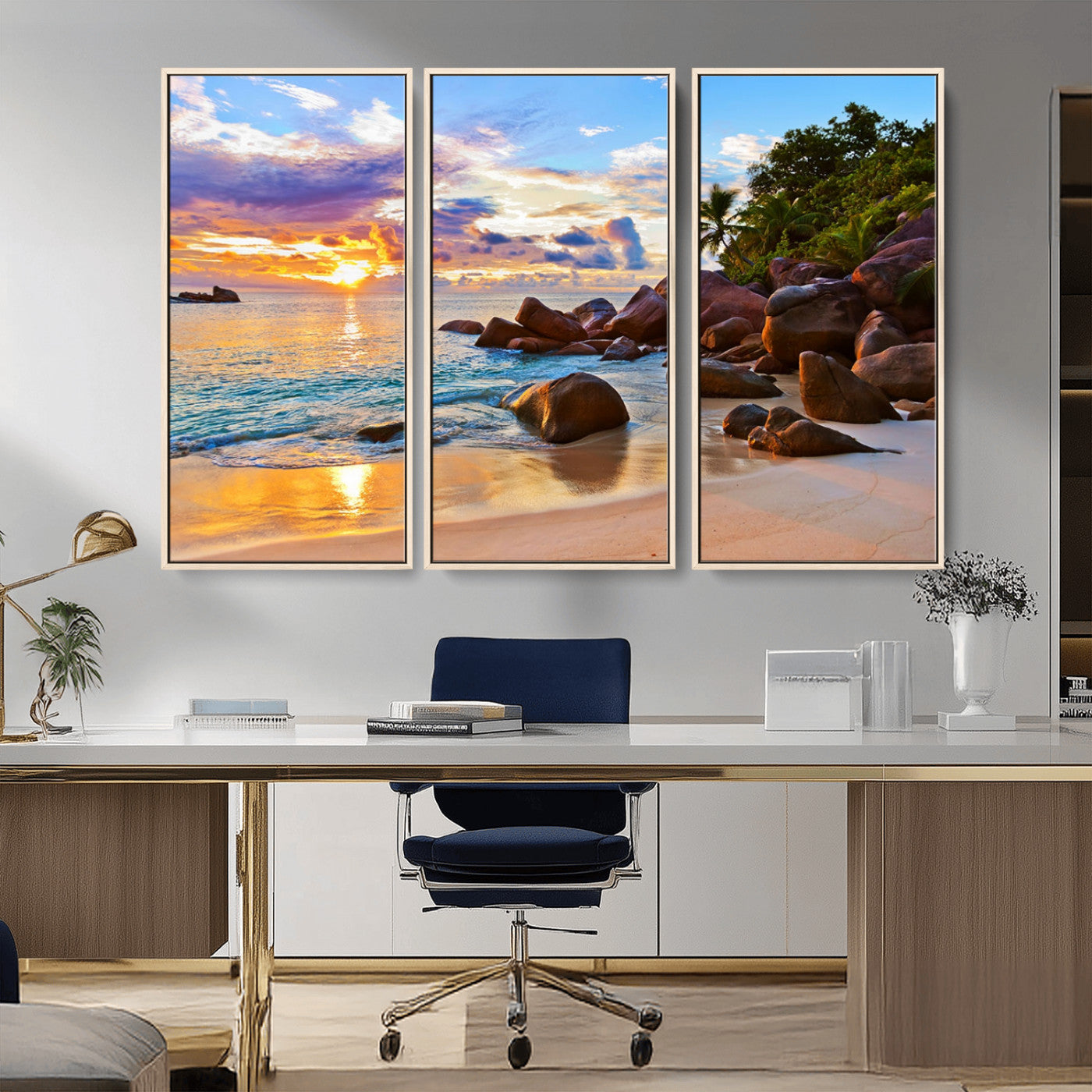 43209-MGV-CV-36X24-Tropical Beach Sunset Wall Art – Golden Ocean Waves and Palm Trees with Rocky Shore Canvas Print, Coastal Seascape Decor for