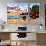 43209-MGV-CV-36X24-Tropical Beach Sunset Wall Art – Golden Ocean Waves and Palm Trees with Rocky Shore Canvas Print, Coastal Seascape Decor for