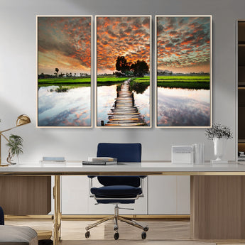 29105-MGV-CV-36X24-Rustic Wooden Bridge Wall Art – Scenic Sunset Over Rice Fields and Reflective Water Canvas Print, Nature Landscape Decor for