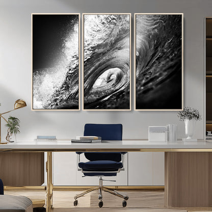 22702-MGV-CV-36X24-Black and White Ocean Wave Wall Art – Powerful Surf Curl Photography Canvas Print, Modern Coastal Decor for Living Room, Office or