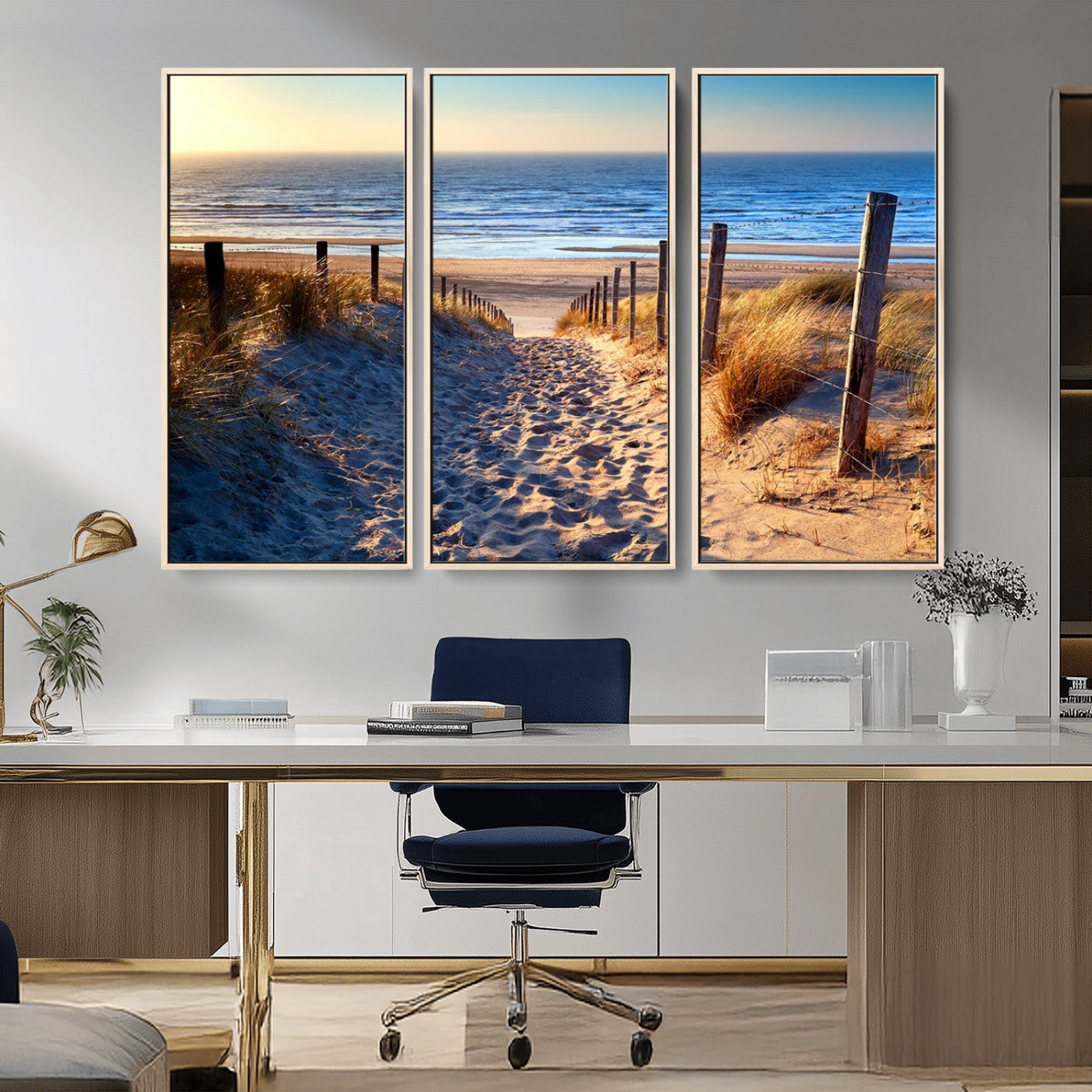 31889-MGV-CV-36X24-Sandy Beach Pathway Wall Art – Coastal Dune Fence and Ocean View Canvas Print, Relaxing Seaside Landscape Decor for Living Room or