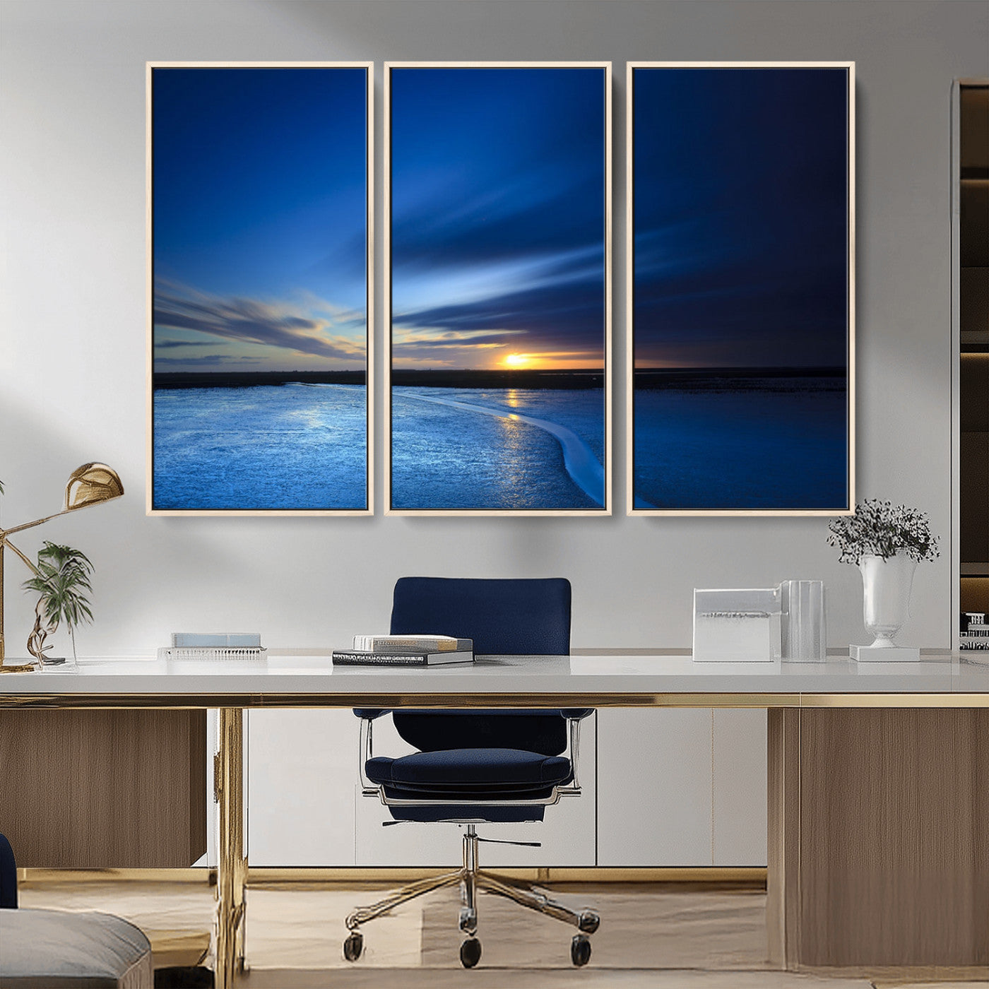 65405-MGV-CV-36X24-Blue Sunrise Seascape Wall Art – Tranquil Ocean Horizon Canvas Print with Golden Sunlight and Deep Sky, Coastal Landscape Decor