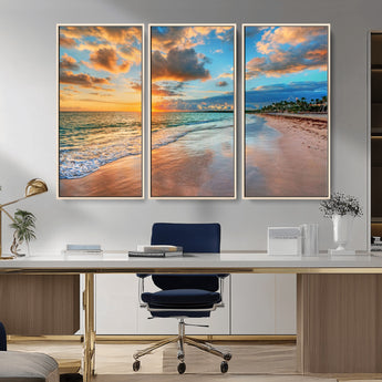 41572-MGV-CV-36X24-Sunset Beach Wall Art – Ocean Waves and Palm Trees Canvas Print, Tropical Coastal Sunset Seascape Decor for Living Room, Bedroom
