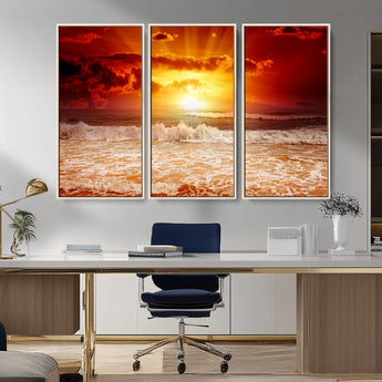 60211-MGV-CV-36X24-Fiery Sunset Ocean Wall Art – Red Sky Seascape Canvas Print with Waves, Bold Coastal Sunset Decor for Living Room or Bedroom
