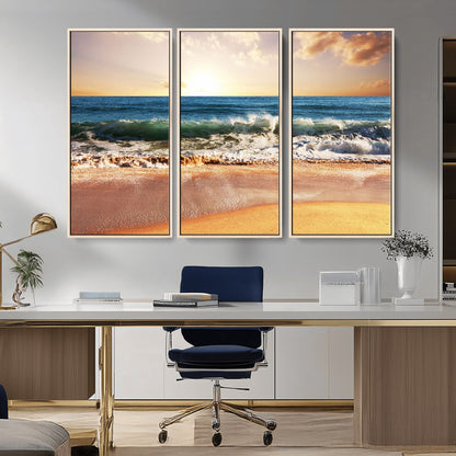 79005-MGV-CV-36X24-Golden Sunrise Ocean Waves Wall Art – Panoramic Seashore Canvas Print, Calming Coastal Decor for Home, Office or Relaxation Space