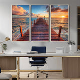 28836-MGV-CV-36X24-Ocean Pier Sunset Wall Art – Wooden Dock and Golden Horizon Canvas Print, Coastal Seascape Photography for Living Room, Bedroom,