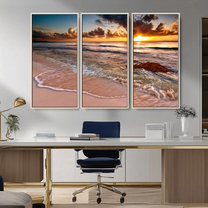 80979-MGV-CV-36X24-Golden Sunrise Beach Wall Art – Ocean Waves and Sandy Shore Canvas Print, Coastal Sunset Photography Artwork for Living Room,