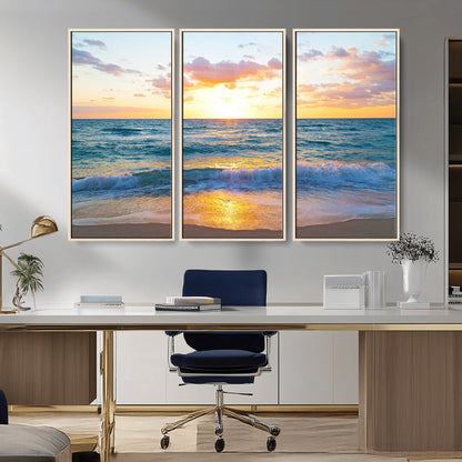 78006-MGV-CV-36X24-Golden Sunrise Ocean Wall Art – Panoramic Beach Waves Canvas Print, Coastal Seascape Artwork for Living Room, Bedroom, Office, or