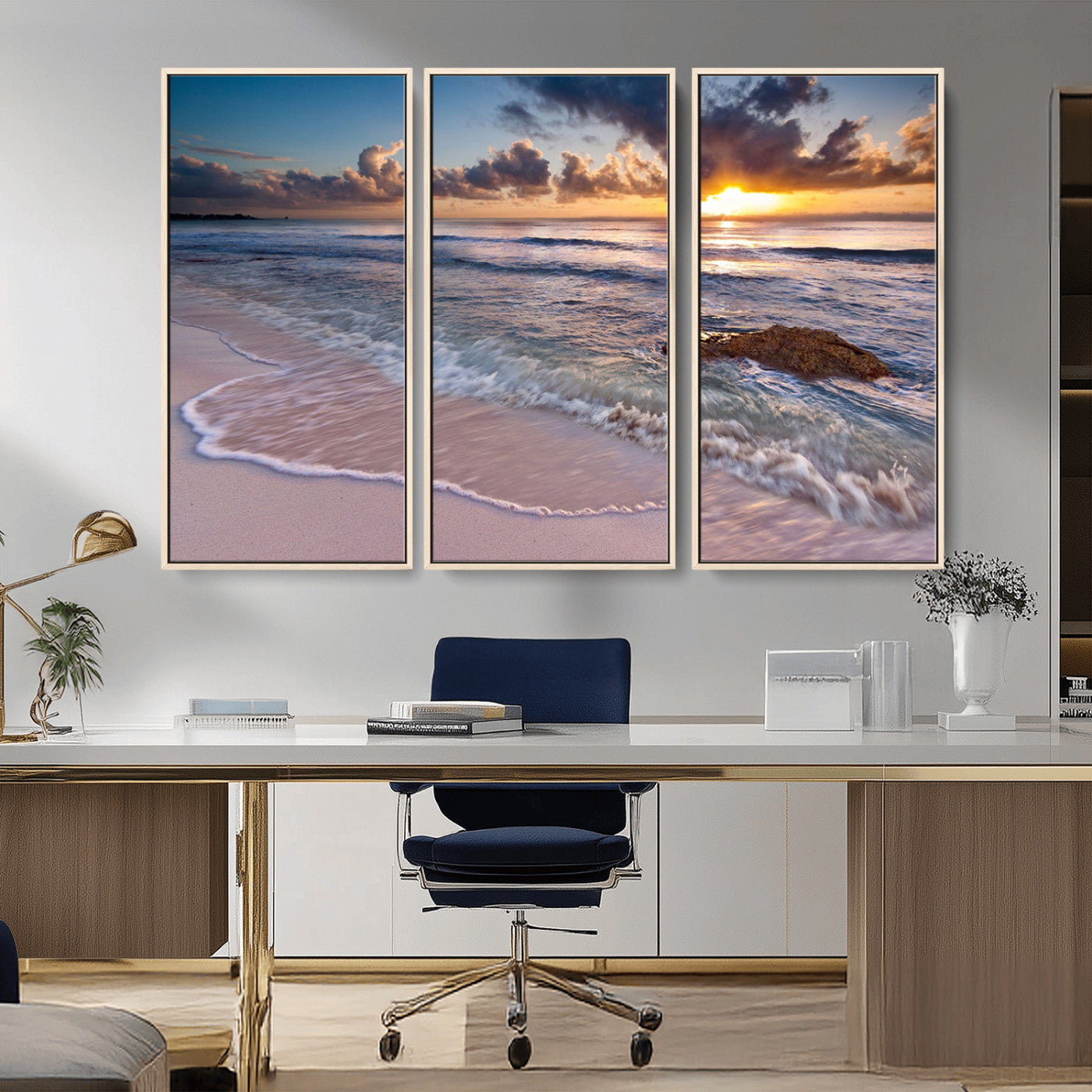94906-MGV-CV-36X24-Sunrise Beach Wall Art – Panoramic Ocean Waves Canvas Print, Coastal Sunset Seascape Artwork for Living Room, Bedroom, or Office