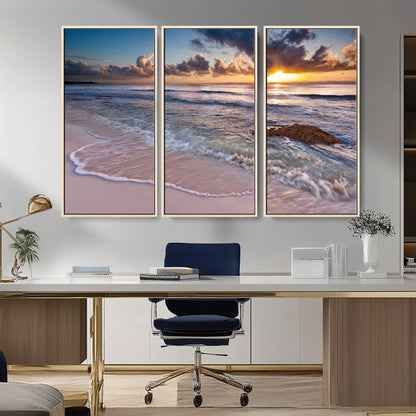 94906-MGV-CV-36X24-Sunrise Beach Wall Art – Panoramic Ocean Waves Canvas Print, Coastal Sunset Seascape Artwork for Living Room, Bedroom, or Office