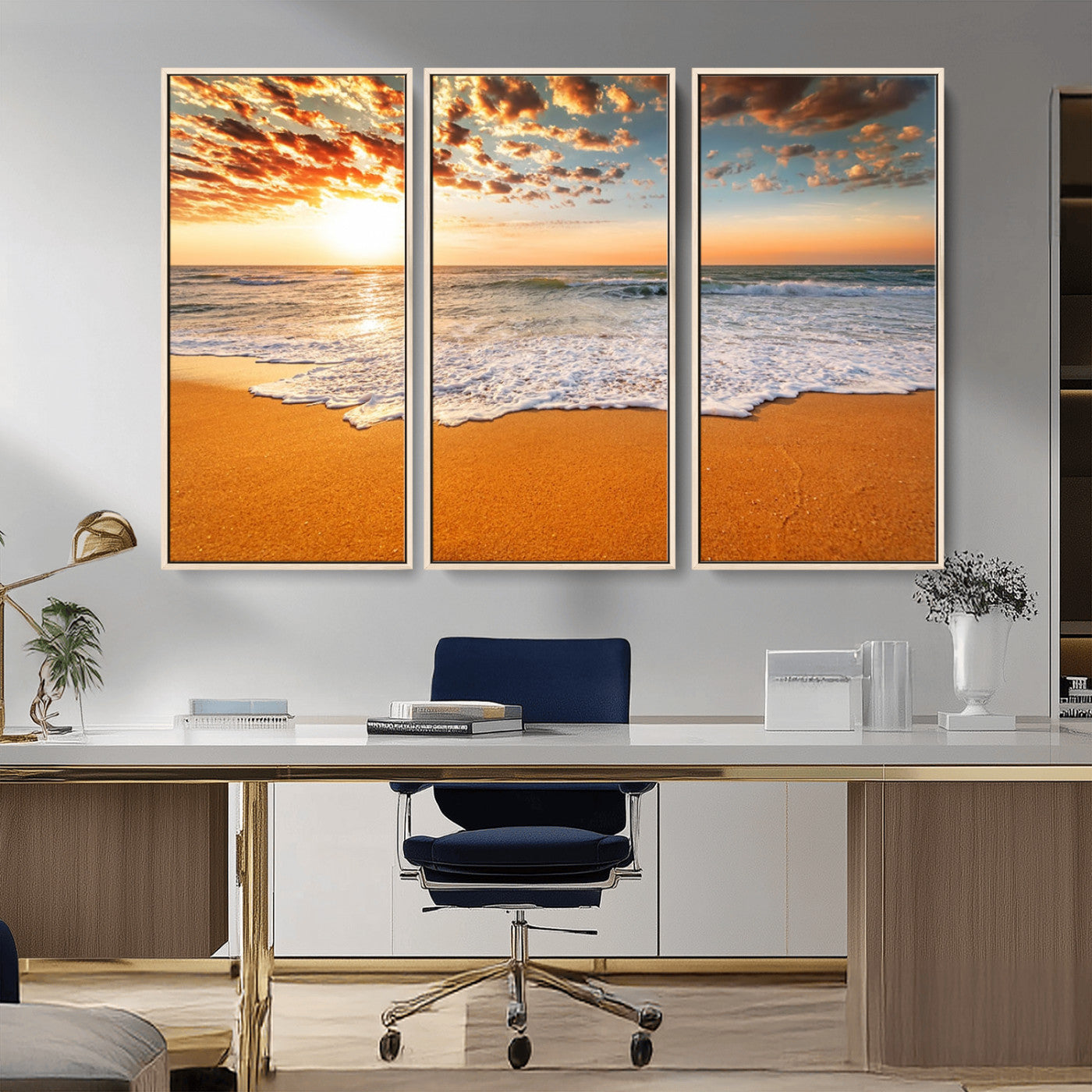 15399-MGV-CV-36X24-Golden Sunrise Beach Wall Art – Ocean Waves on Sandy Shore Canvas Print, Coastal Seascape Decor for Living Room or Bedroom