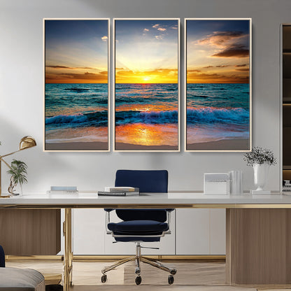 50627-MGV-CV-36X24-Ocean Sunset Wall Art – Serene Beach Canvas Print with Waves and Golden Sky, Coastal Decor for Living Room or Office