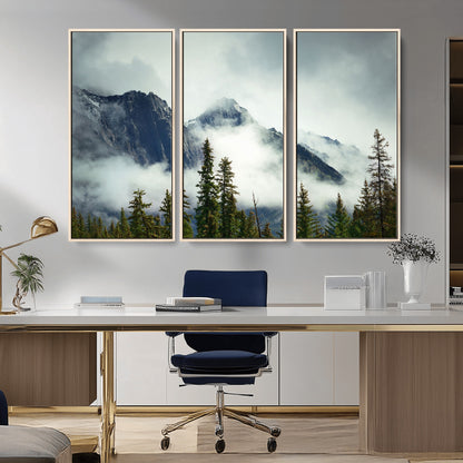 93219-MGV-CV-36X24-Misty Mountain Wall Art – Foggy Pines and Rocky Peaks Canvas Print, Nature Landscape Decor for Living Room, Office or Bedroom
