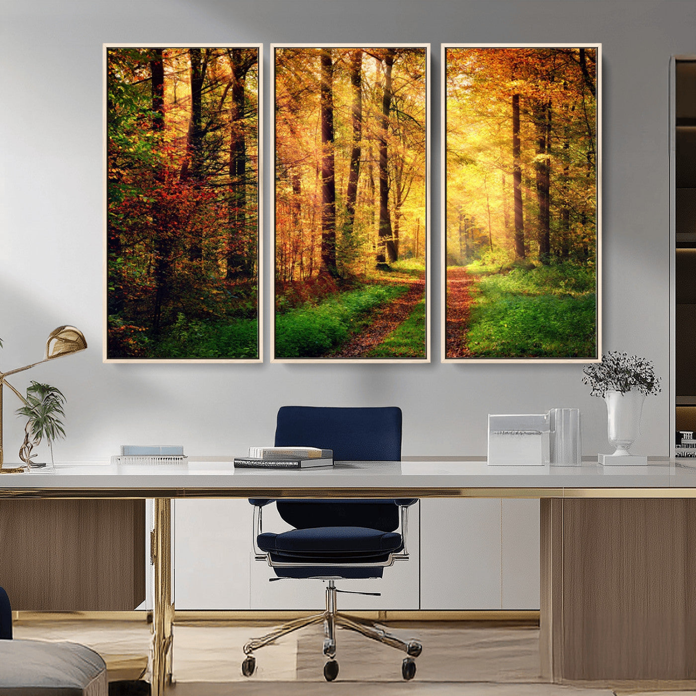 73494-MGV-CV-36X24-Golden Autumn Forest Path Wall Art – Sunlit Woodland Canvas Print, Fall Nature Landscape Home Decoration