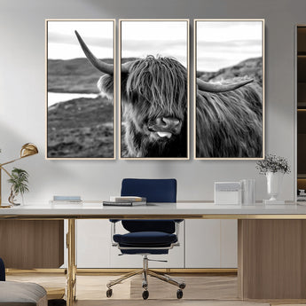 83810-MGV-CV-36X24-Highland Cow Wall Art – Black and White Highland Cattle Print, Rustic Farmhouse Animal Decor for Living Room or Office
