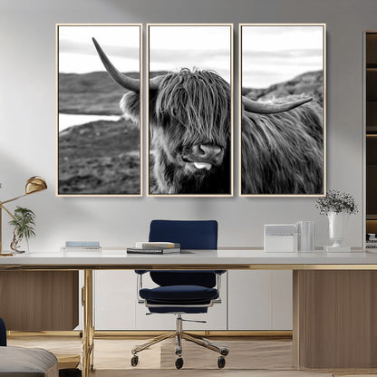 83810-MGV-CV-36X24-Highland Cow Wall Art – Black and White Highland Cattle Print, Rustic Farmhouse Animal Decor for Living Room