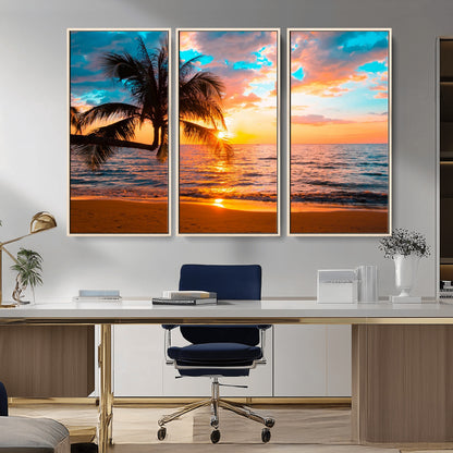 34674-MGV-CV-36X24-Tropical Sunset Beach Wall Art – Palm Tree Ocean Canvas Print, Coastal Seascape Decor for Living Room or Office Wall