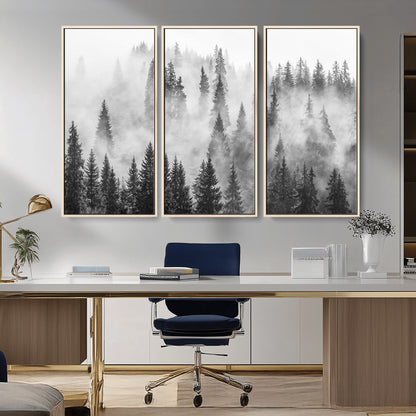10422-MGV-CV-36X24-Misty Pine Forest Wall Art – Black and White Foggy Landscape Canvas Print, Serene Nature Woodland Decor for Bedroom, Office or