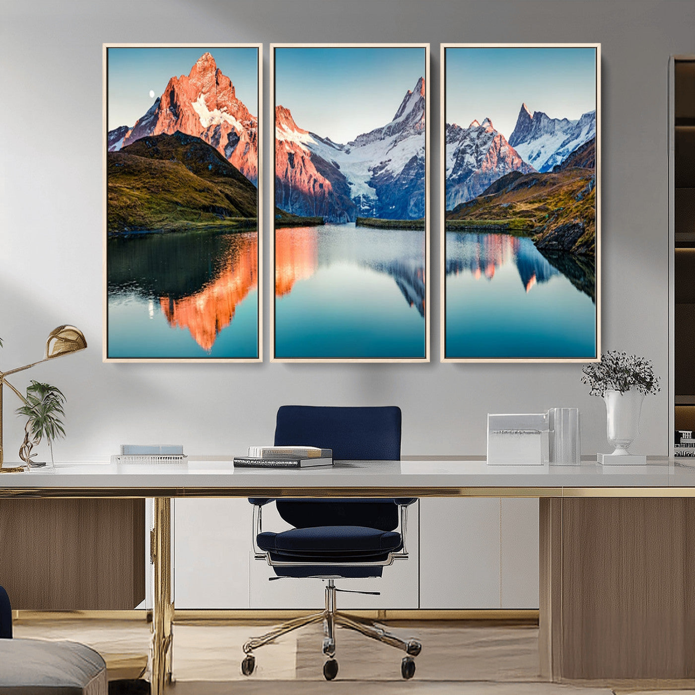 88453-MGV-CV-36X24-Mountain Lake Wall Art – Snow-Capped Peaks Reflected in Alpine Water Canvas Print, Nature Landscape Wall Decor for Living Room or