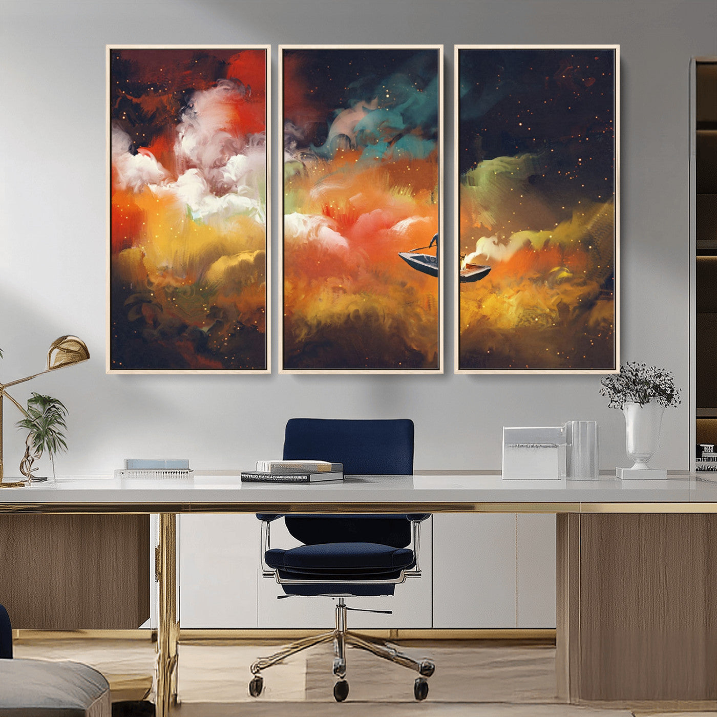 45085-MGV-CV-36X24-Surreal Cosmic Wall Art – Abstract Galaxy Dreamscape Canvas Print with Man and Dog in Boat, Fantasy Nebula Painting for Living