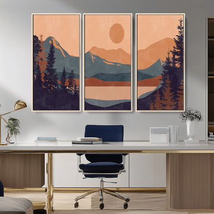 62795-MGV-CV-36X24-Minimalist Mountain Landscape Wall Art – Abstract Sunset Over Peaks and Pine Trees Canvas Print, Modern Nature Decor for Living
