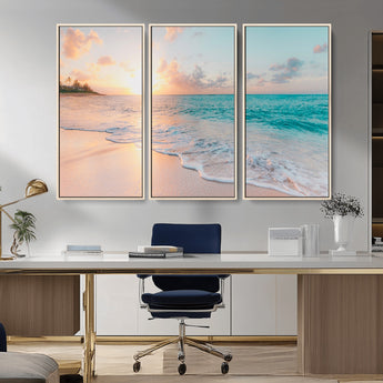 89767-MGV-FC-48X32-3P_Natural-Ocean Sunset Wall Art – Serene Beach Canvas Print with Pastel Sky and Waves, Coastal Seascape Artwork for Bedroom, Living Room, or