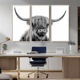 10123-MGV-CV-36X24-Black and White Highland Cow Wall Art – Modern Farmhouse Animal Print, Rustic Scottish Bull Canvas Decor for Living Room, Bedroom,