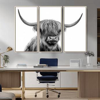 10123-MGV-CV-36X24-Black and White Highland Cow Wall Art – Modern Farmhouse Animal Print, Rustic Scottish Bull Canvas Decor for Living Room, Bedroom,