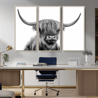 10123-MGV-CV-36X24-Black and White Highland Cow Wall Art – Modern Farmhouse Animal Print, Rustic Scottish Bull Canvas Decor for Living Room, Bedroom,