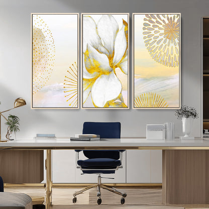 82301-MGV-CV-36X24-Modern Floral Wall Art – White Flower with Gold Detailing Canvas Print, Elegant Abstract Artwork for Living Room, Bedroom, or